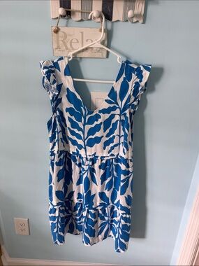 Rachel Zoe Blue and White Leaf-Print Mini Dress
